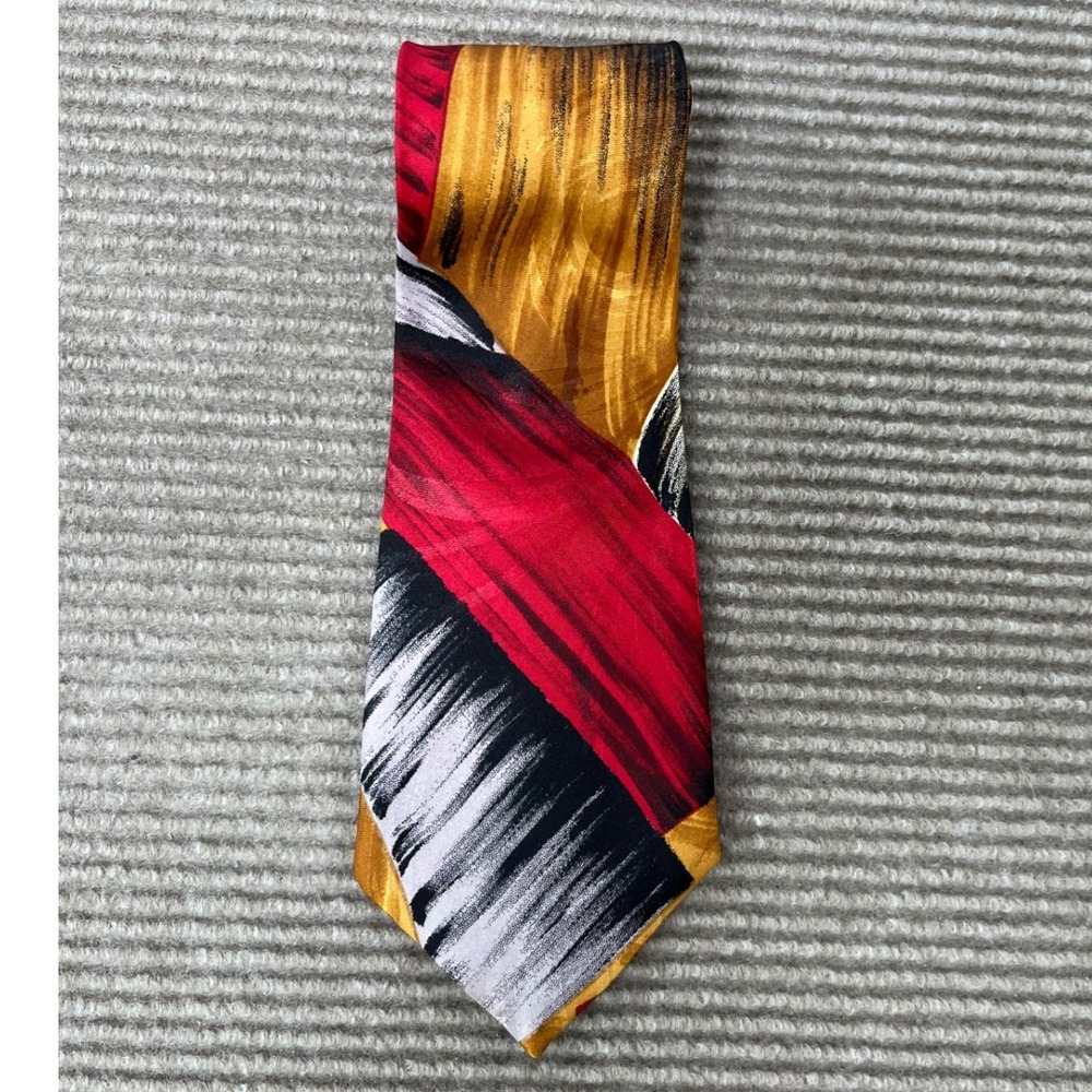 DiModa Hand Made Abstract Brushstroke Tie Red Gold Black White Vintage 90s Wide